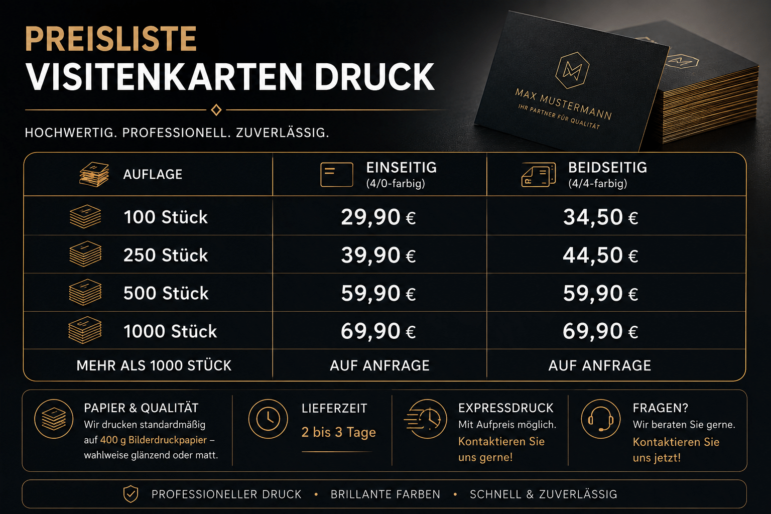 Visitenkarten Druck Preisliste – einseitig & beidseitig, Expressdruck möglich | Hamburg Preisliste Visitenkarten Druck Hamburg: einseitig ab 29,90 €, beidseitig ab 34,50 € – 400g Bilderdruckpapier, Lieferzeit 2–3 Tage