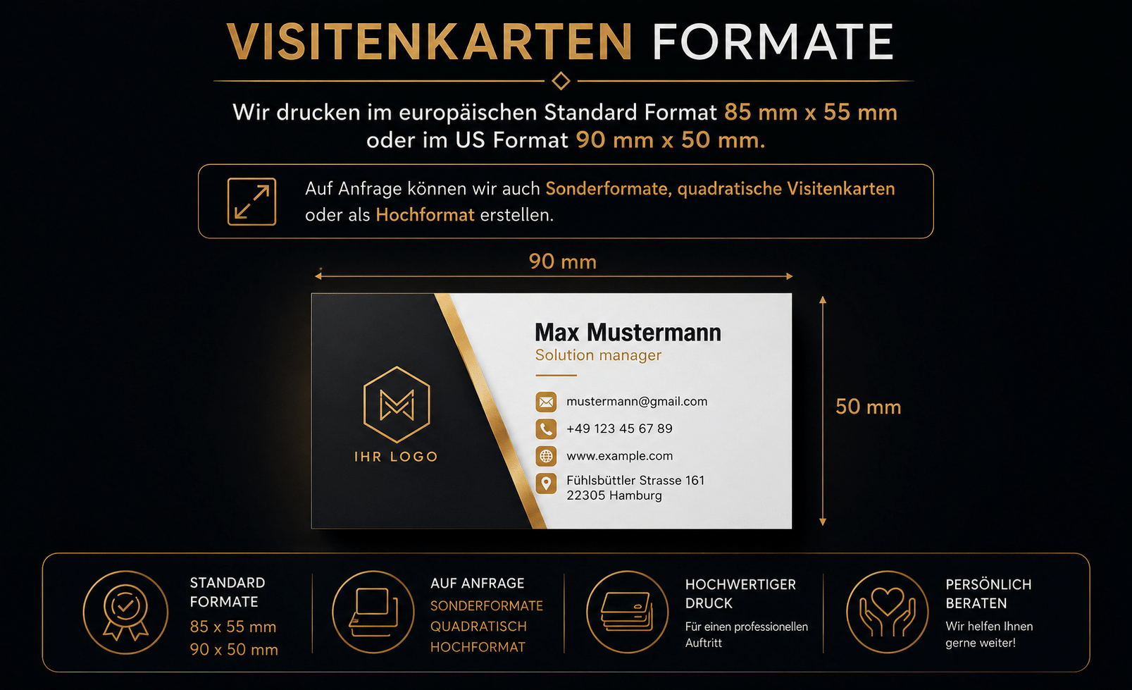Visitenkarten Formate – Standard, Hochformat & Sonderformate | Hamburg Visitenkarten Formate: europäisches Standardformat 85x55 mm und US-Format 90x50 mm – Druckerei Hamburg