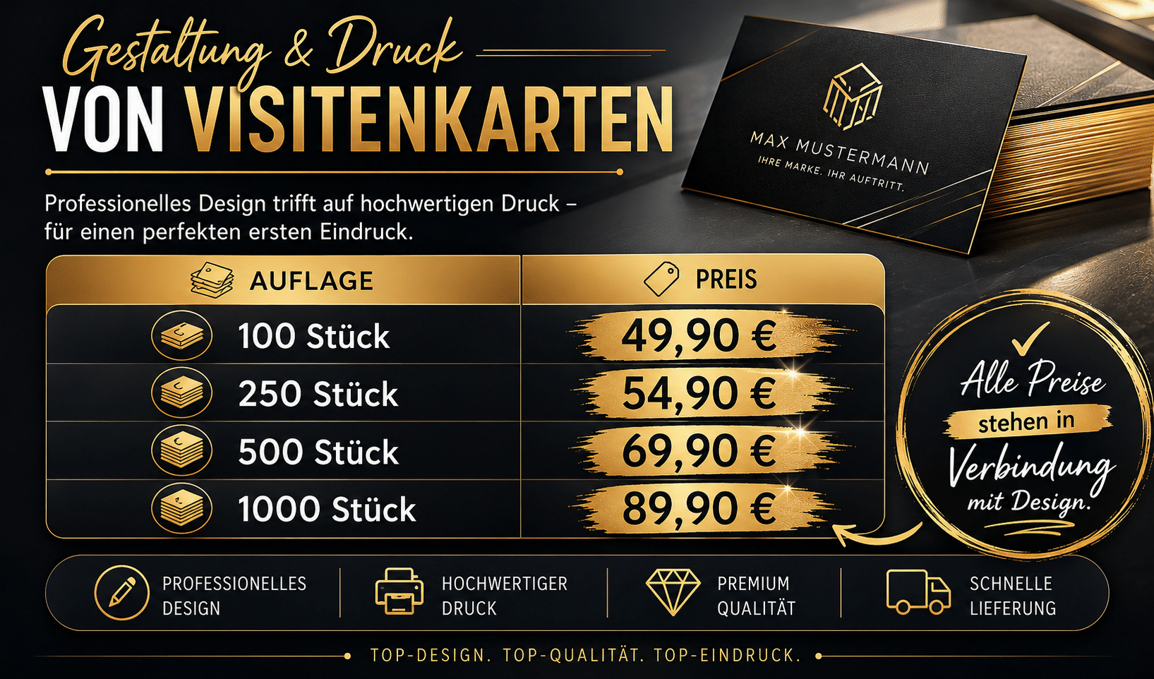 Visitenkarten drucken lassen mit Design – Preise ab 49,90 € | Hamburg Visitenkarten Gestaltung und Druck Preisliste: 100 bis 1000 Stück ab 49,90 € – professionelles Design Hamburg