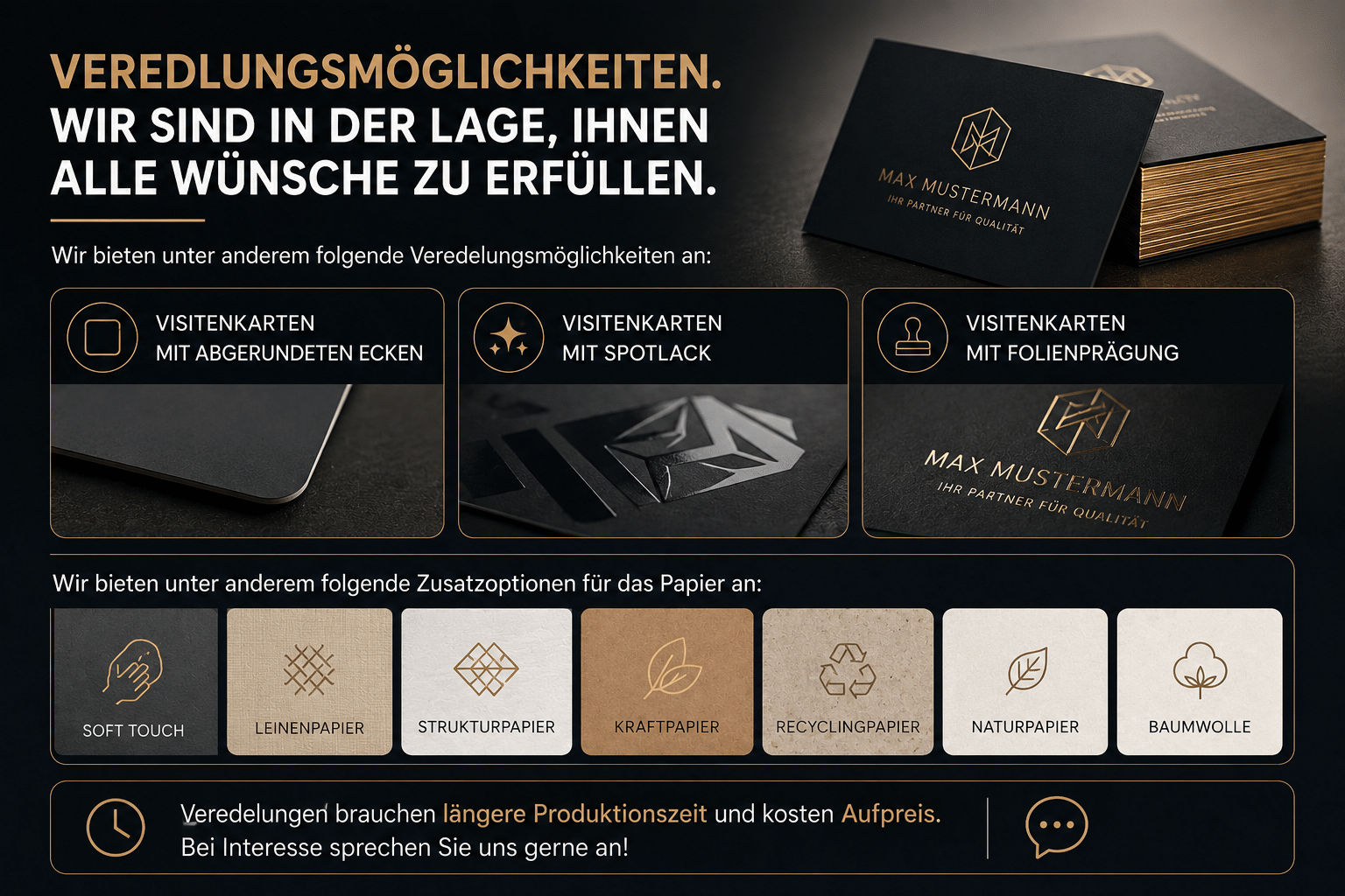 Visitenkarten mit Veredlung – Spotlack, Folienprägung & Sonderoptionen Visitenkarten Veredlungsmöglichkeiten: abgerundete Ecken, Spotlack und Folienprägung – Druckerei Hamburg